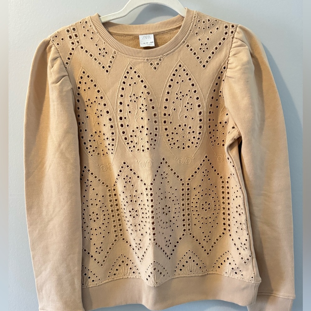 Zara Light Beige Eyelet Knit Sweatshirt